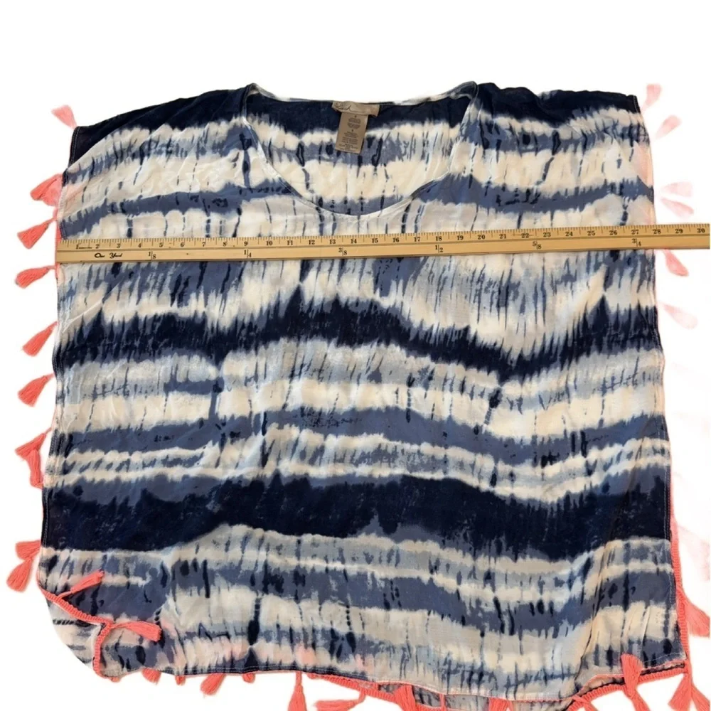 Navy and Cream Tie-Dye Swim Cover-Up with Coral Tassels